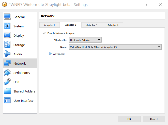 Wintermute Part 1 - Straylight Vulnhub Writeup by leomccavana.com - VirtualBox Setup - Assign second NIC to Straylight