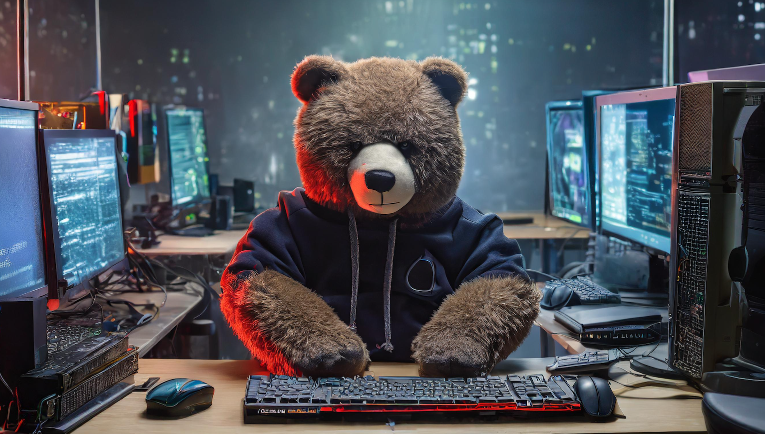 Adobe Firefly AI generated image: Red Teaming bear unhappy that their initial access payload isn't working! :-(